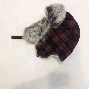 Old Navy Furry Adult Flap Hat, red/black, buckle closure